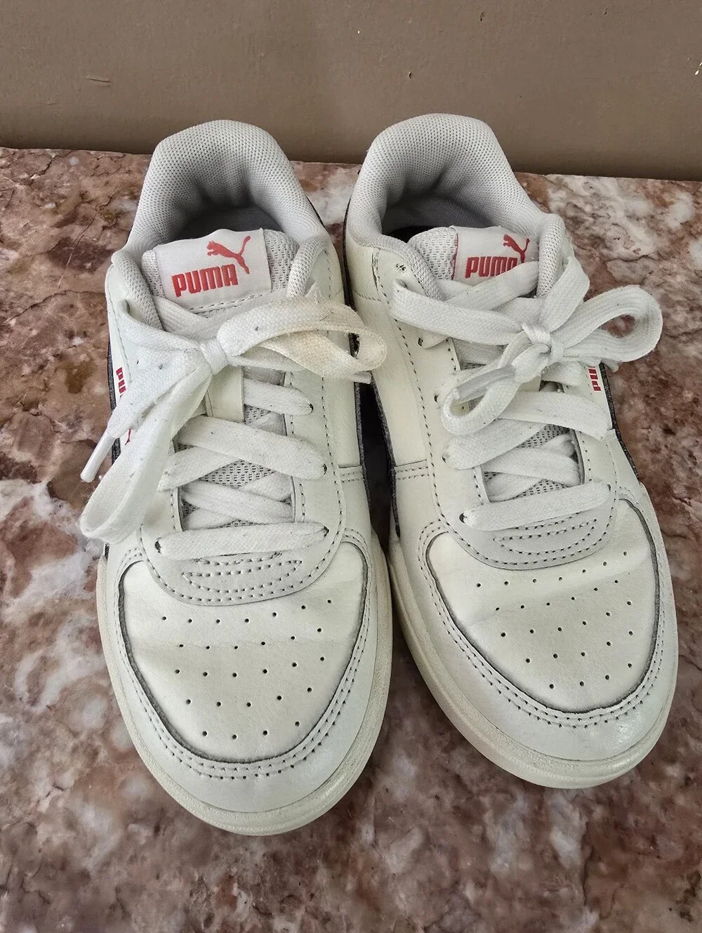 Puma Kids White Sneakers with Red Logo Accents Size 1C